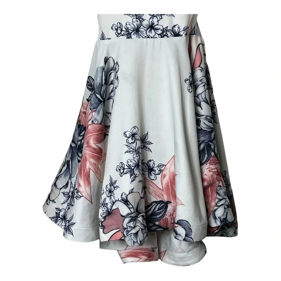 UNKNOWN BRAND FLORAL SWIRL PELPUM DRESS SEE MEASUREMENTS WHITE/NAVY BLUE/PINK - Picture 5 of 12